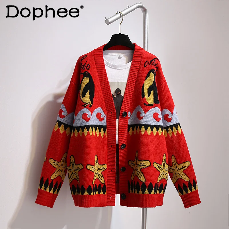 

Женский жаккардовый кардиган средней длины, элегантный вязаный Свободный кардиган большого размера в Корейском стиле, Осень-зима 2021