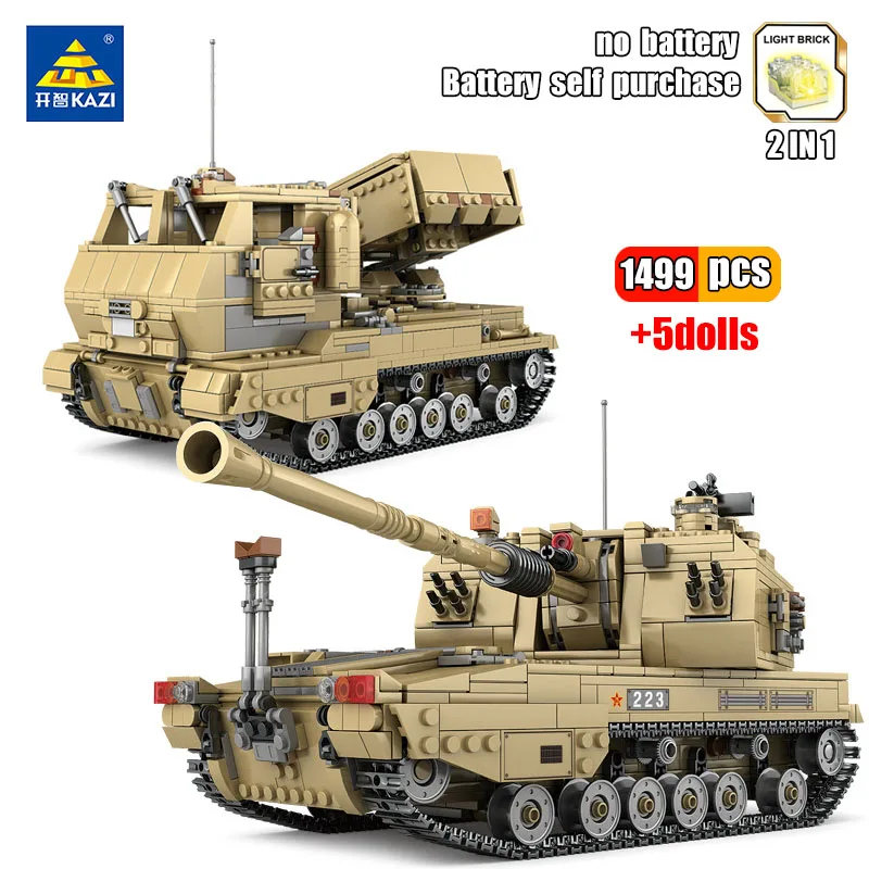 

KAZI 1499 шт. высокотехнологичный военный гусеничный самоходный гранатомет ракетная пусковая установка Танк строительные блоки 1 смена 2 оружи...