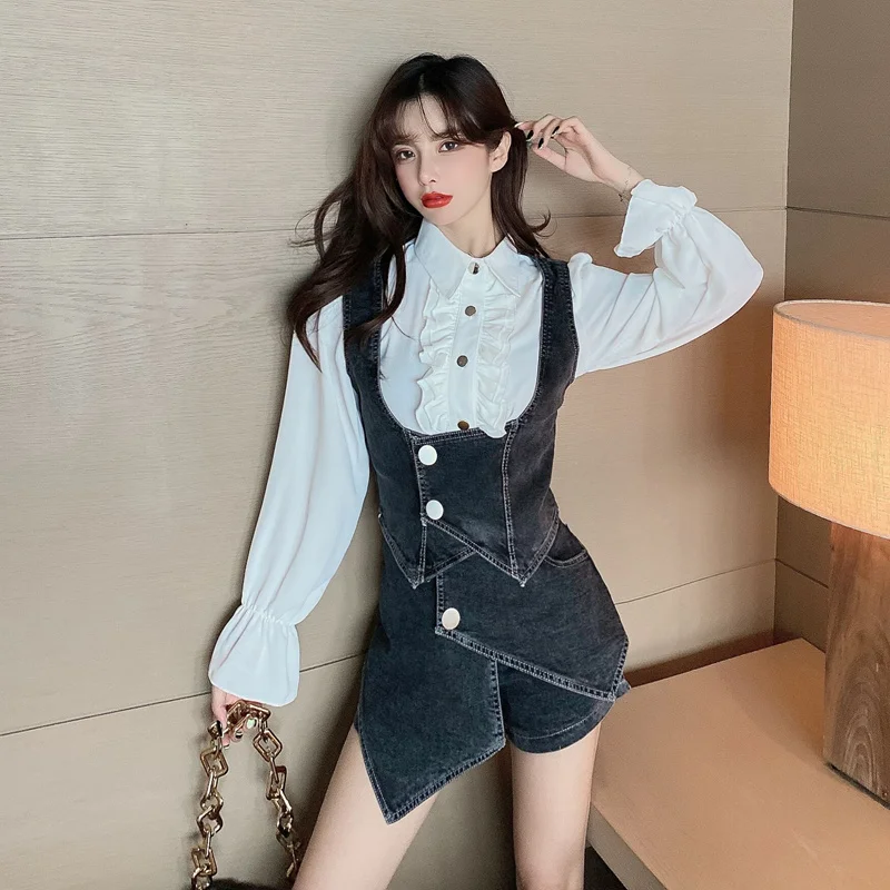 Джинсовый костюм рубашка в Корейском стиле на раннюю осень 2021 Приталенный жилет