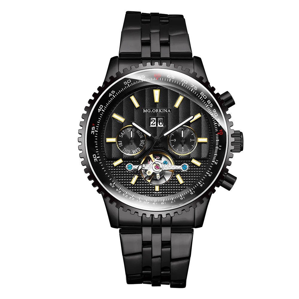 Роскошный бренд Tourbillon механические часы мужские черные полностью стальные