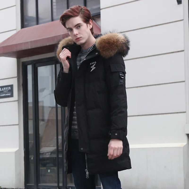 Big Fur Collar down Jacket Men's Mid-Length Fashion Thickened Hooded Business Casual Jacket Trendy