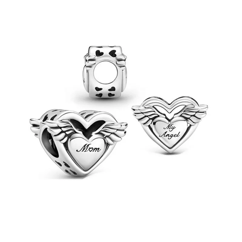 

Hot Sale 925 Sterling Silver Beads 2021 Mother's Day Angel Wings & Mum Charm Fit Original Pandora Bracelet Women DIY Jewelry