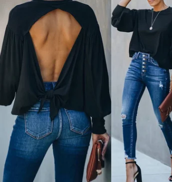 

Европейский однотонный пикантный топ на спине, Осенний топ с открытой завязкой, американский осенний топ с открытой спиной, сексуальный Сво...