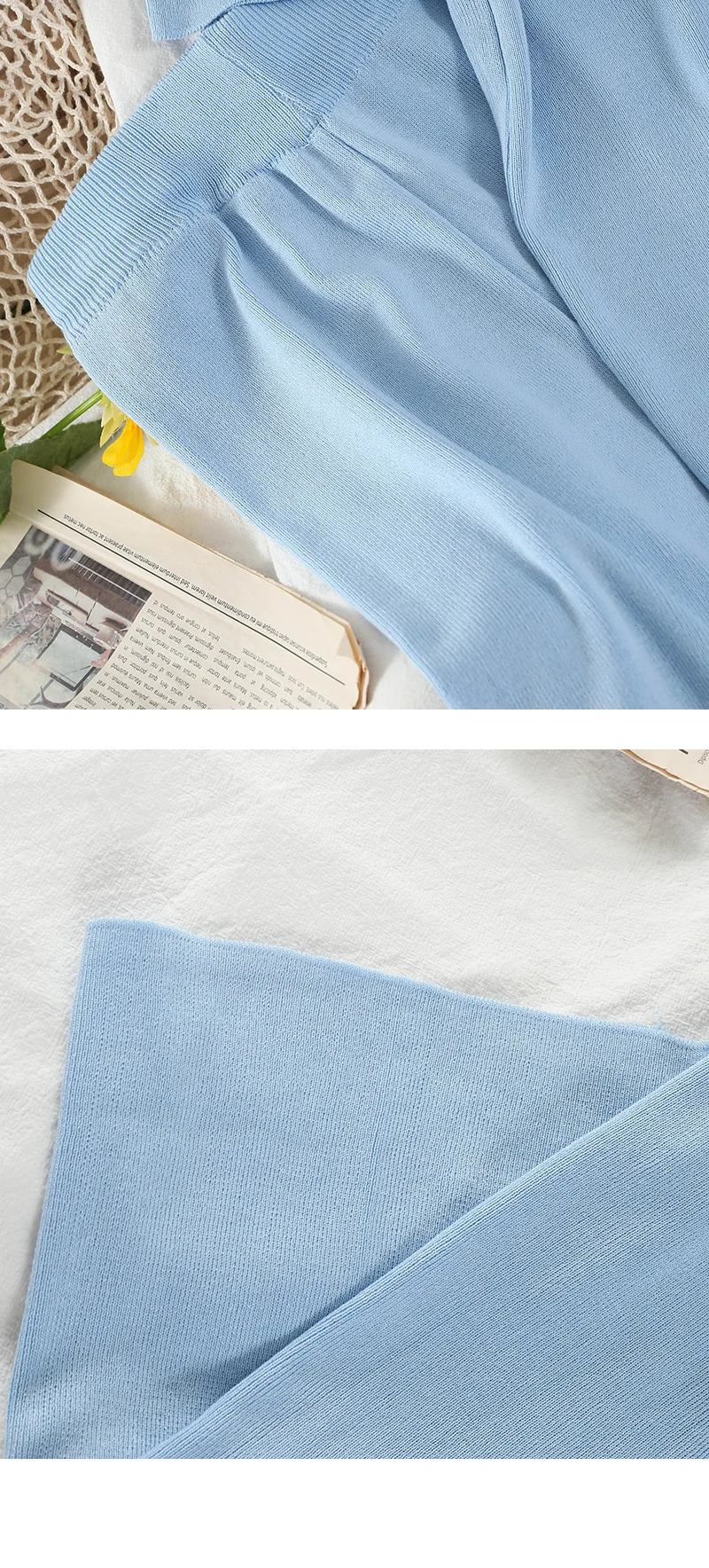 

Casual Solid Knitted Pant Sets Women V-neck Short Sleeve Loose Tops + Elastic High Waist Wide-leg Pants Two-piece Suits