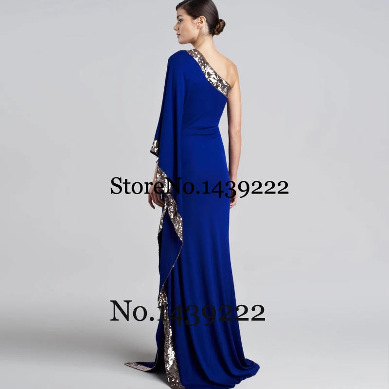 

Blue One Shoulder Evening Dresses Sequin Hem Women Saudi Arabic Muslim Special Occasion Evening Formal Party Gown Dresses