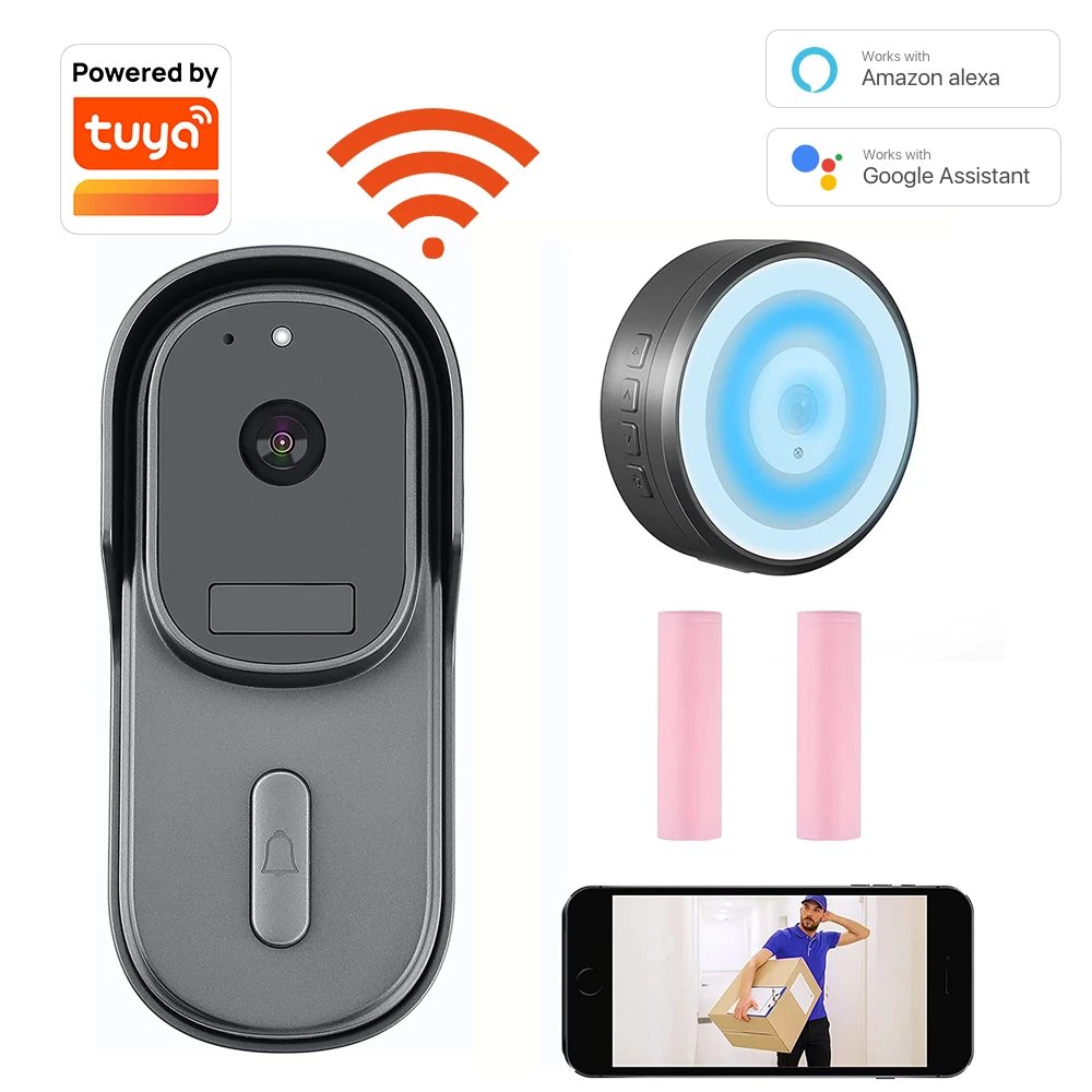 Tuya Smart 1080P WiFi Video Doorbell Camera,Work with Alexa, Google Home,Waterproof Camera with Motion Detection Smart Life App