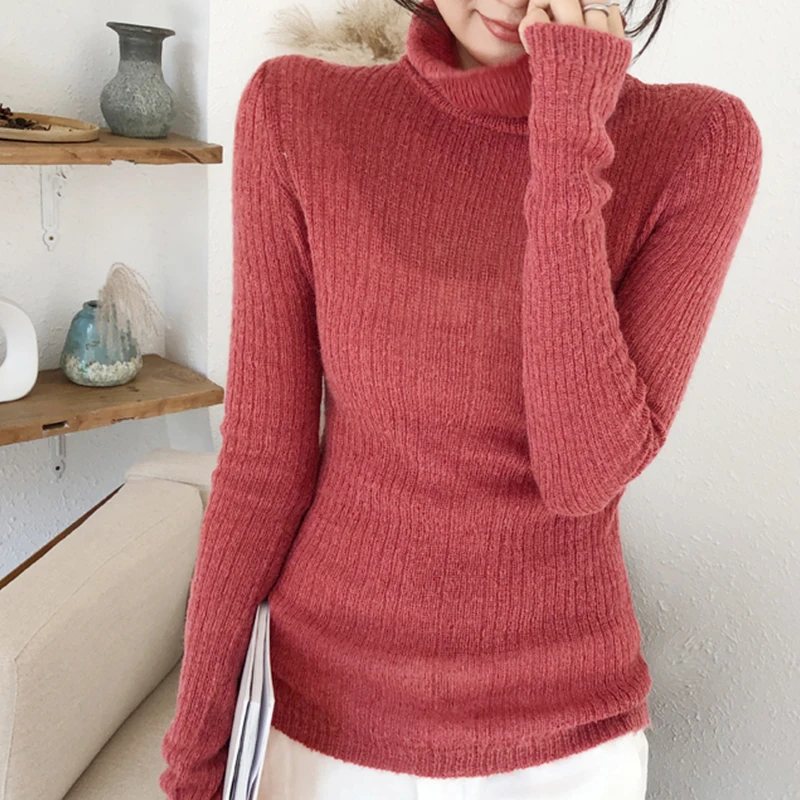 

Ailegogo Spring Women Thin Turtleneck Sweater Casual Knitted Female Slim Fit Pullovers Korean Style Ladies Knitwear Tops
