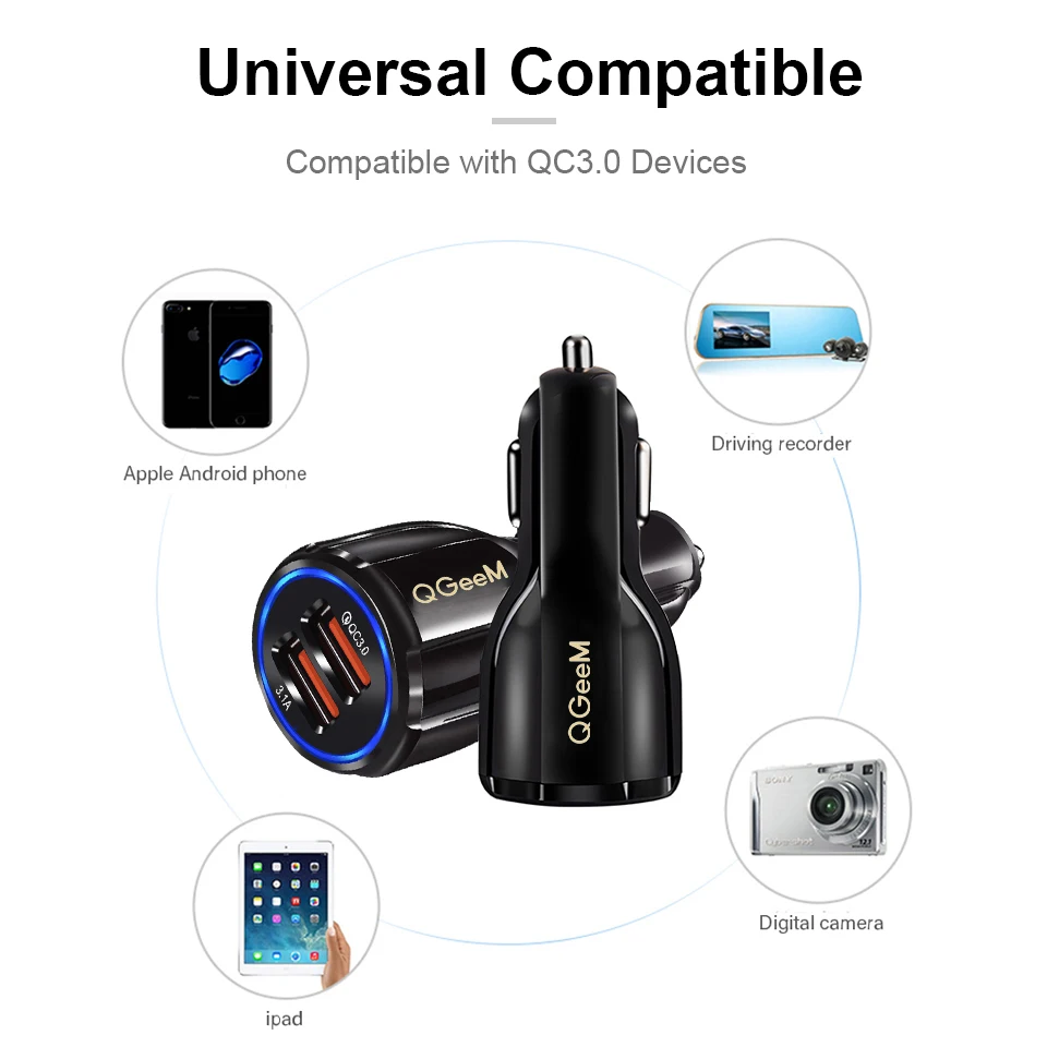 Автомобильное зарядное устройство QGEEM Dual USB QC 3,0, быстрая зарядка 3,0, автомобильное зарядное устройство, 2 порта, USB портативное зарядное устройство для iPhone Xiaomi