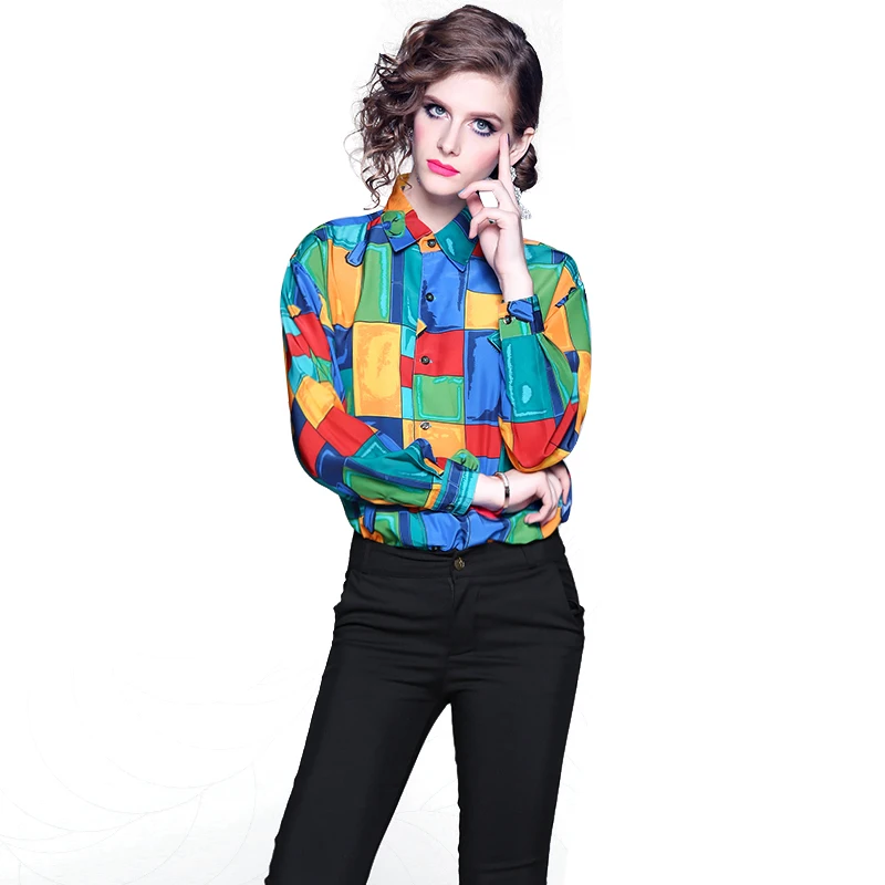 

New Elegant Vintage Fashion Women Spring Autumn Print Slim Shirt Office Lady Turn Down Collar Long Sleeve Blouses Tops