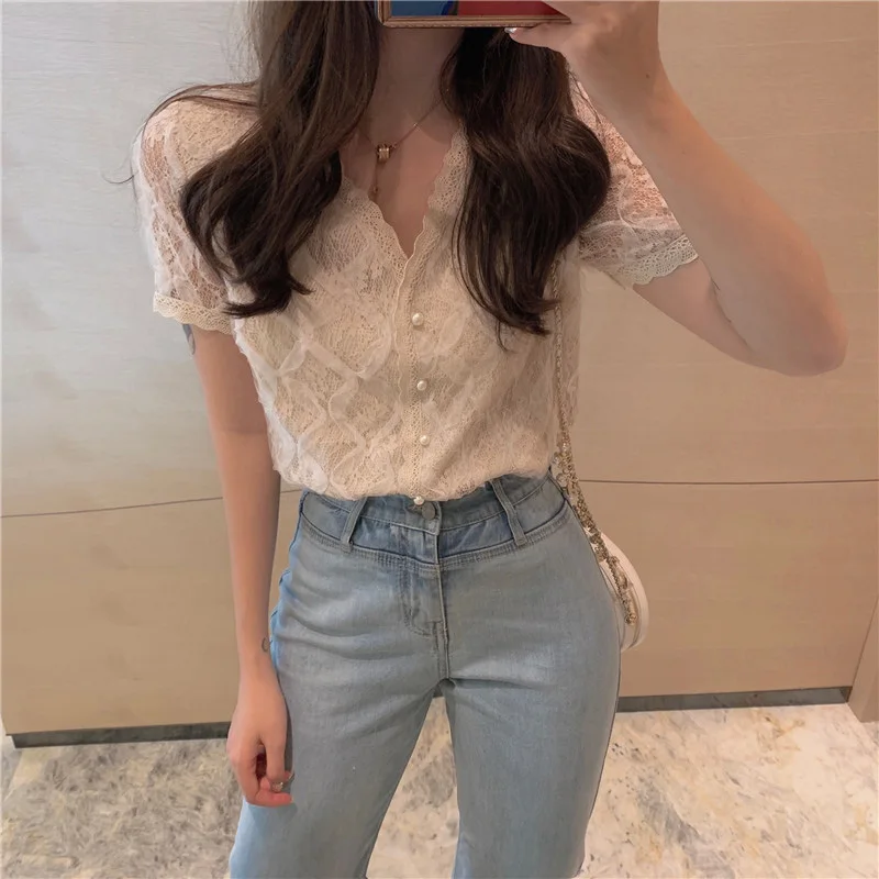 Женская кружевная блузка с V образным вырезом большого размера|Блузки| |