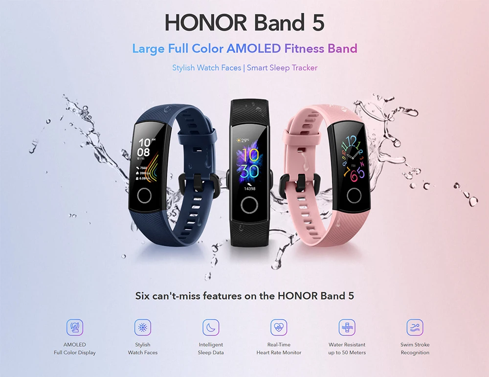 huawei Honor Band 5 Смарт-браслет полноцветный AMOLED фитнес-браслет стильные часы лица смарт-пульсометр трекер сна
