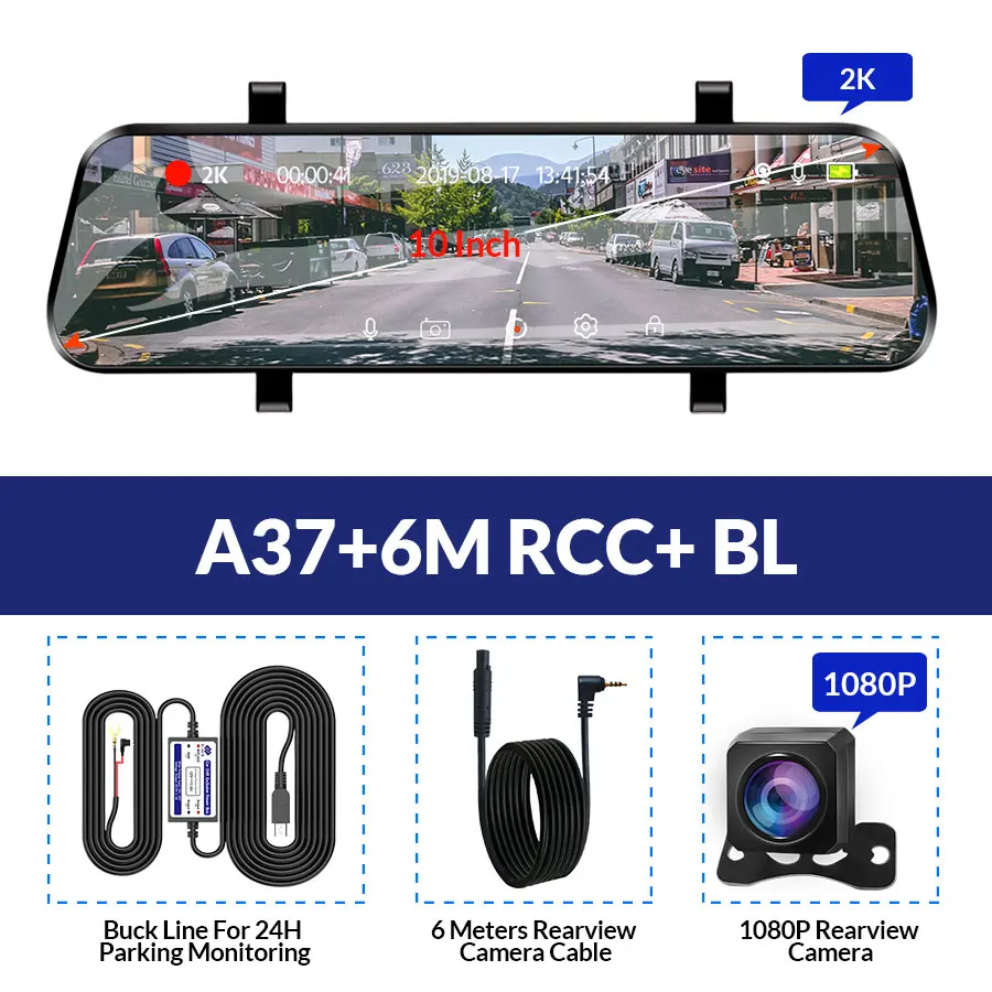 A37-6M RCC-BL E-ACE Автомобильный видеорегистратор FHD поток медиа зеркало заднего вида 2K+ 1080P видео рекордер двойной объектив тире камера с камерой заднего вида Регистратор - Название цвета: A37-6M RCC-BL