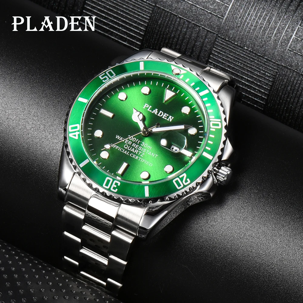 PLADEN Luminous Men Watch Green Young Style Waterproof Stainless Steel Quartz Wristwatches Luxury Latest Men Gift Reloj Hombre