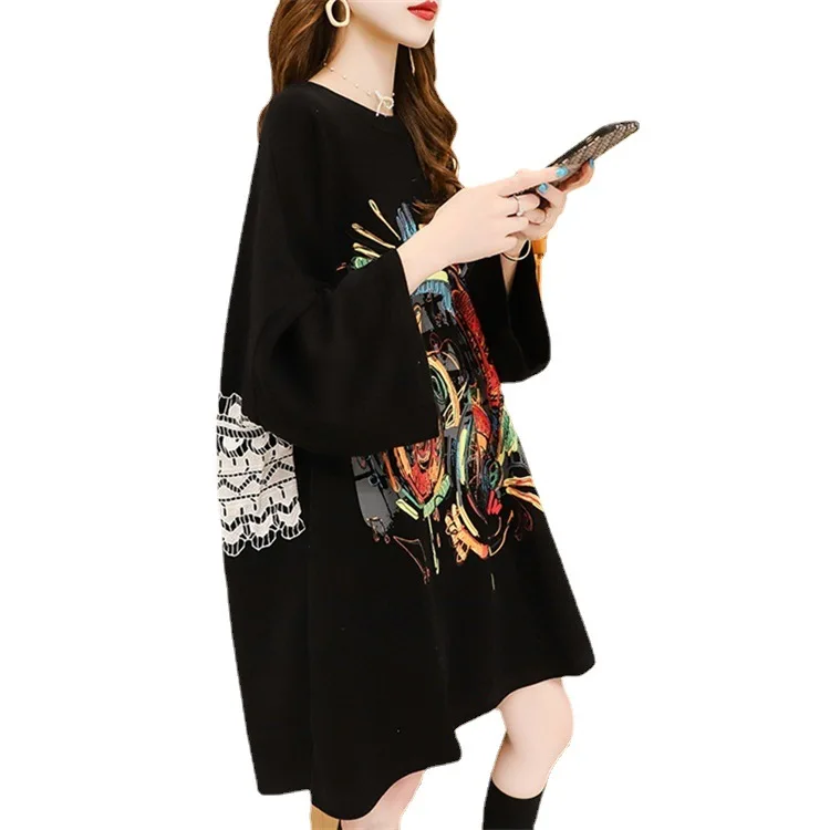 

National style printed sweater women's medium length loose size women's wear spring and Autumn New Korean top fashion in 2021