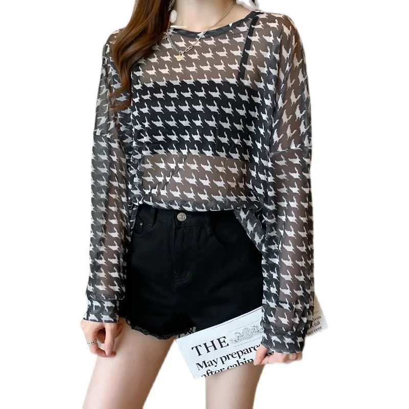 

Oteele Women T-shirts 2021 Summer O-Neck Pattern Printing Loose Long Tops Casual Thin Full Sleeve Polyester Black Office Laddy