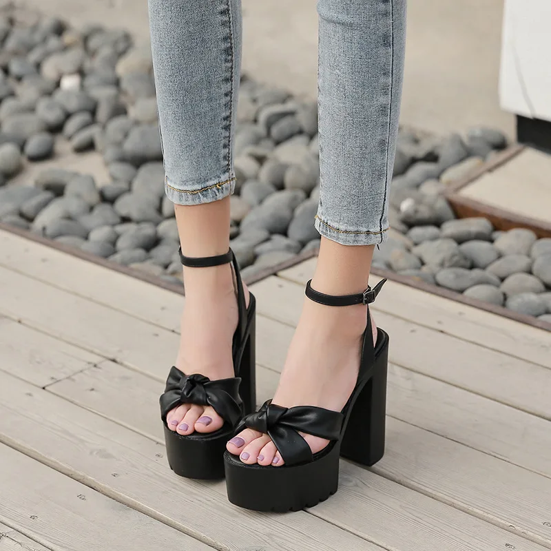 

14cm New Fashion Waterproof Platform Sandals High Heels Ankle Wrap Black Women Shoes 38 39 40