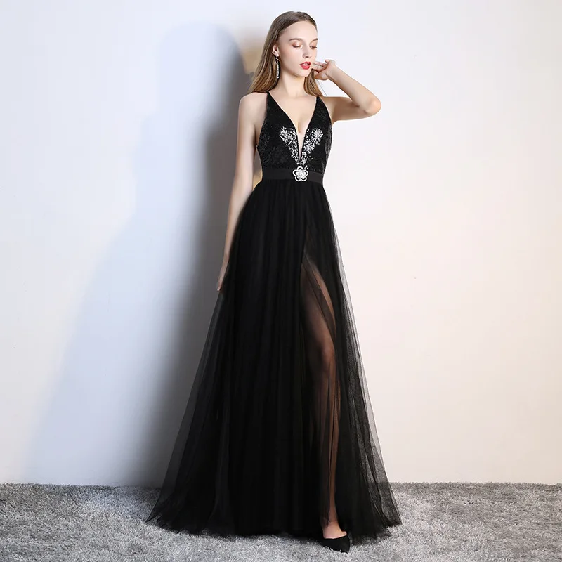 Sexy Black Deep V-neck Perspective Decoration Body Open Nightclub Show Evening Dresses Host Detailed Banquet Dress Long | Свадьбы и