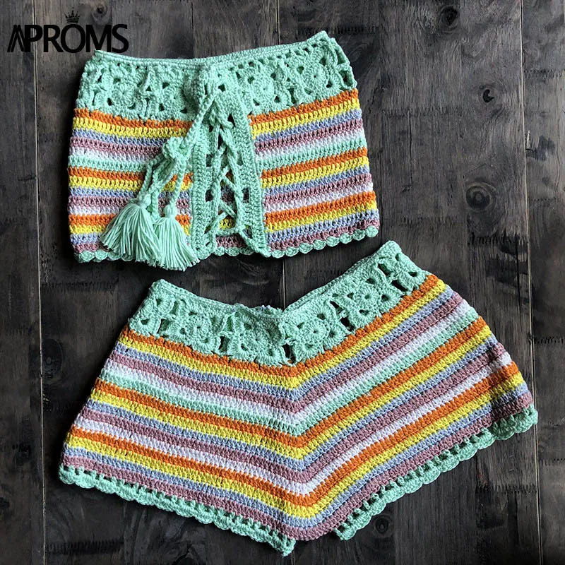 Aproms-Conjunto de Top corto de punto a rayas multicolor para mujer, traje de 2 piezas hecho a mano con hombros descubiertos, ropa de playa con cordones