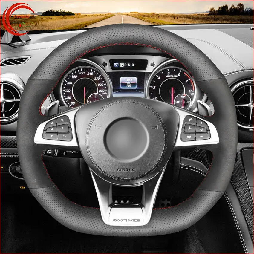 

Black Leather Wrap Car Steering Wheel Cover for Benz A45 AMG C43 C63 AMG 2016-18