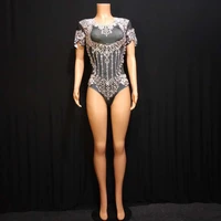 shiny diamond pearl short sleeve tight stretch bodysuit nightclub costume party show performance stage wear evening prom romper