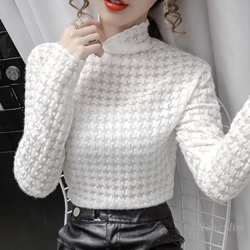 

Winter Lace Shirt Women Inner Wear Turtleneck Slim Fit Stretch Korean Style T-shirts Thickened Top Femme White Apricot