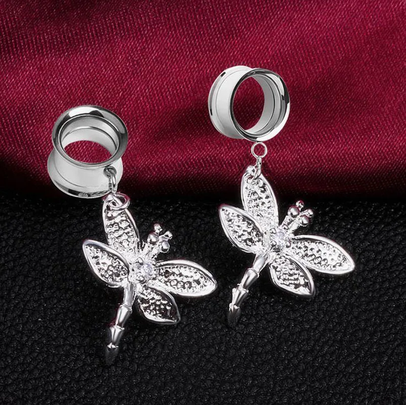 

2PCS Dangle Ear Plugs Tunnels Stretchers Ear Piercing Expander Dragonfly Gauges Earrings Tunnel Plug Ear Reamer Body Jewelry