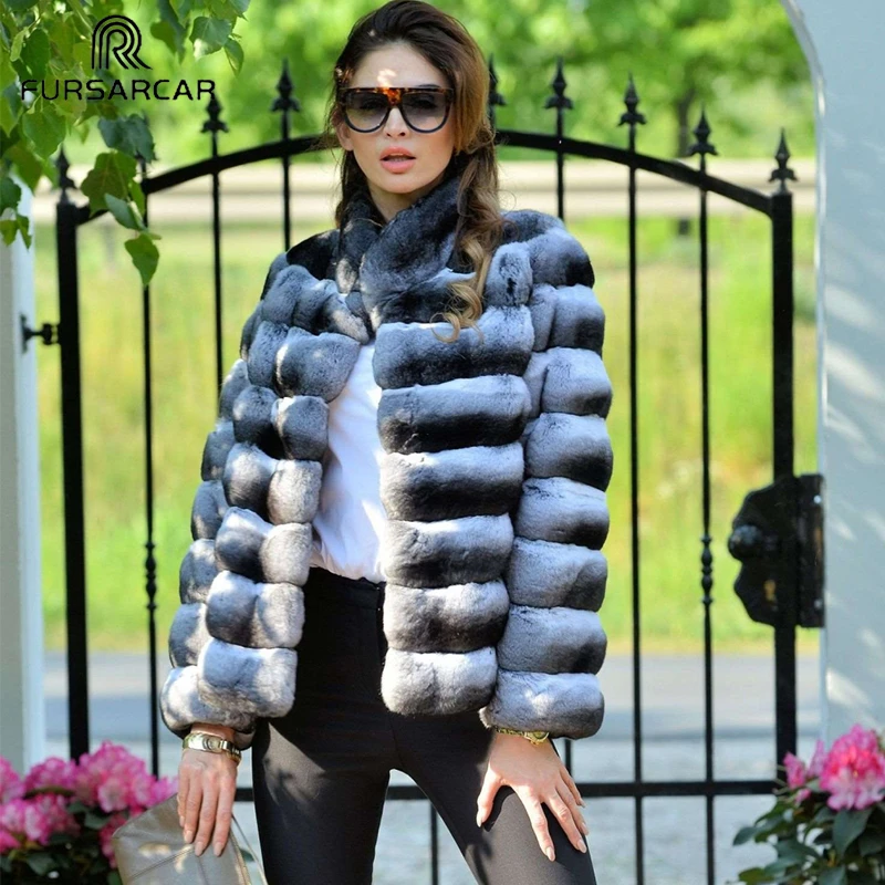 

FURSARCAR теплая шуба из кролика Рекс Роскошные зимние с натуральным мехом женские натуральный куртка с мехом кролика рекс с меховой воротник верхняя одежда