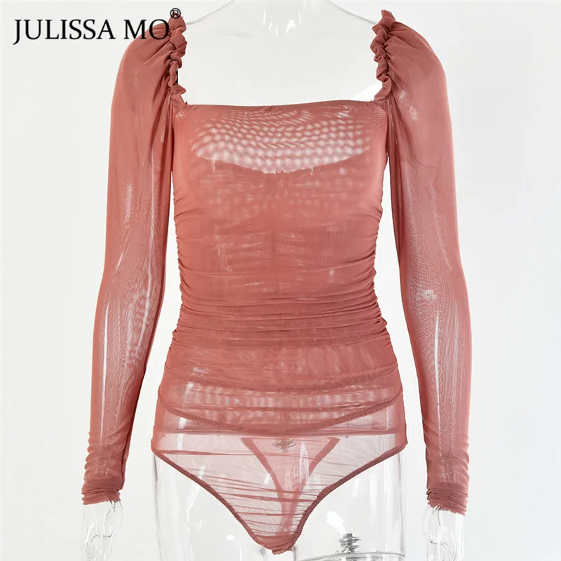 Julissa mo, черный, двойной слой, сетка, сексуальный боди, женские топы, осень, новинка, длинный рукав, средняя талия, боди, для девушек, бодикон, комбинезоны