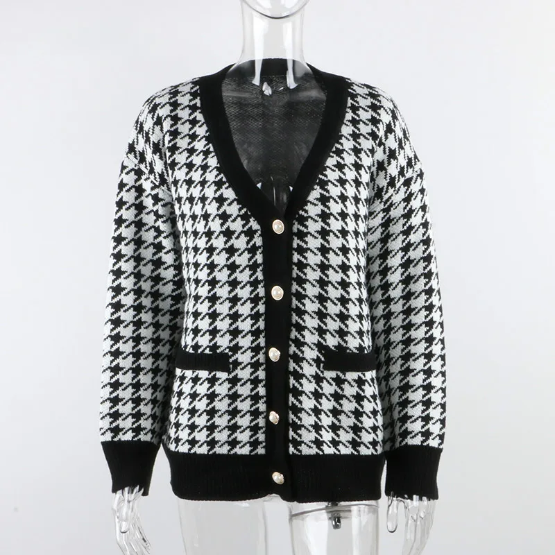

FSDA V Neck Women Button Black Houndstooth Cardigan 2020 Long Sleeve Sweater Autumn Winter Knitted Loose Oversized Jumper Casual