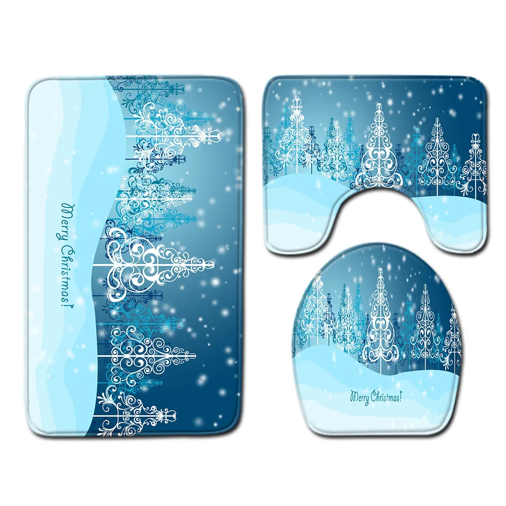 

2021 Christmas Landscape Print Bathroom Shower Curtain Set Waterproof Anti Slip Pedestal Rug Lid Toilet Cover Bath Mat Set
