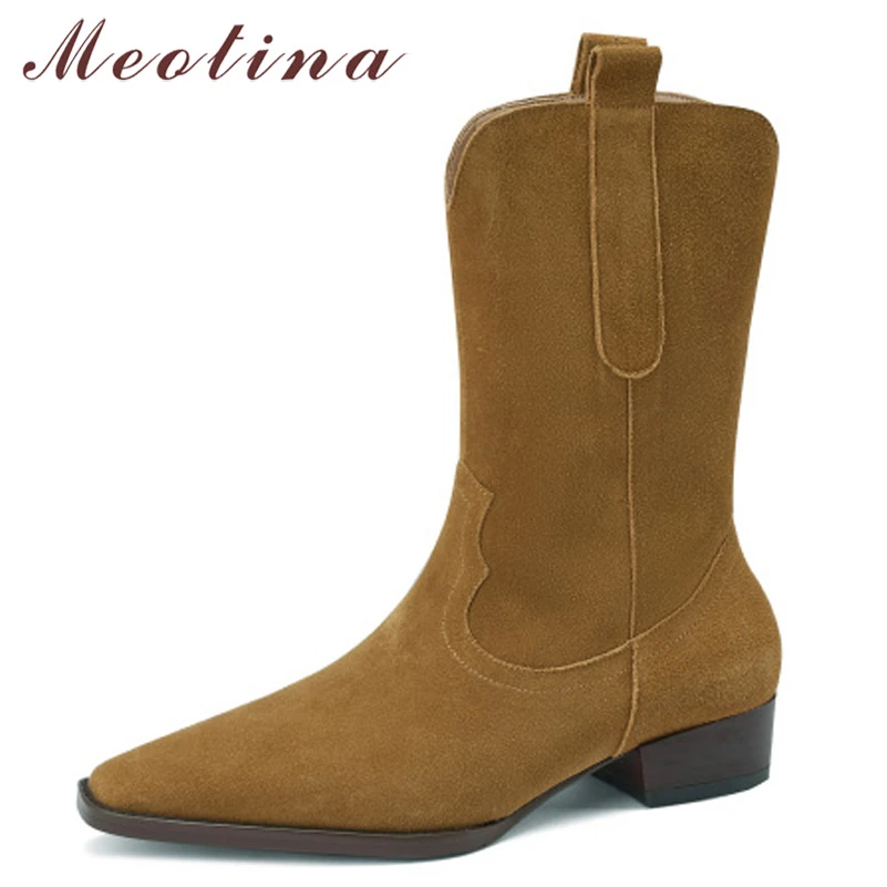 

Женские замшевые ботинки Meotina, коричневые сапоги до середины икры, на толстом низком каблуке, с острым носком, на молнии, Осень-зима