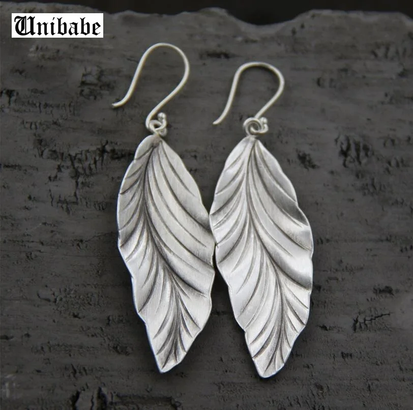 

S925 Sterling Silver Earring Dangle Long Leaf Pure Silver Earrings Elegant Statement Retro Thai Silver Earrings