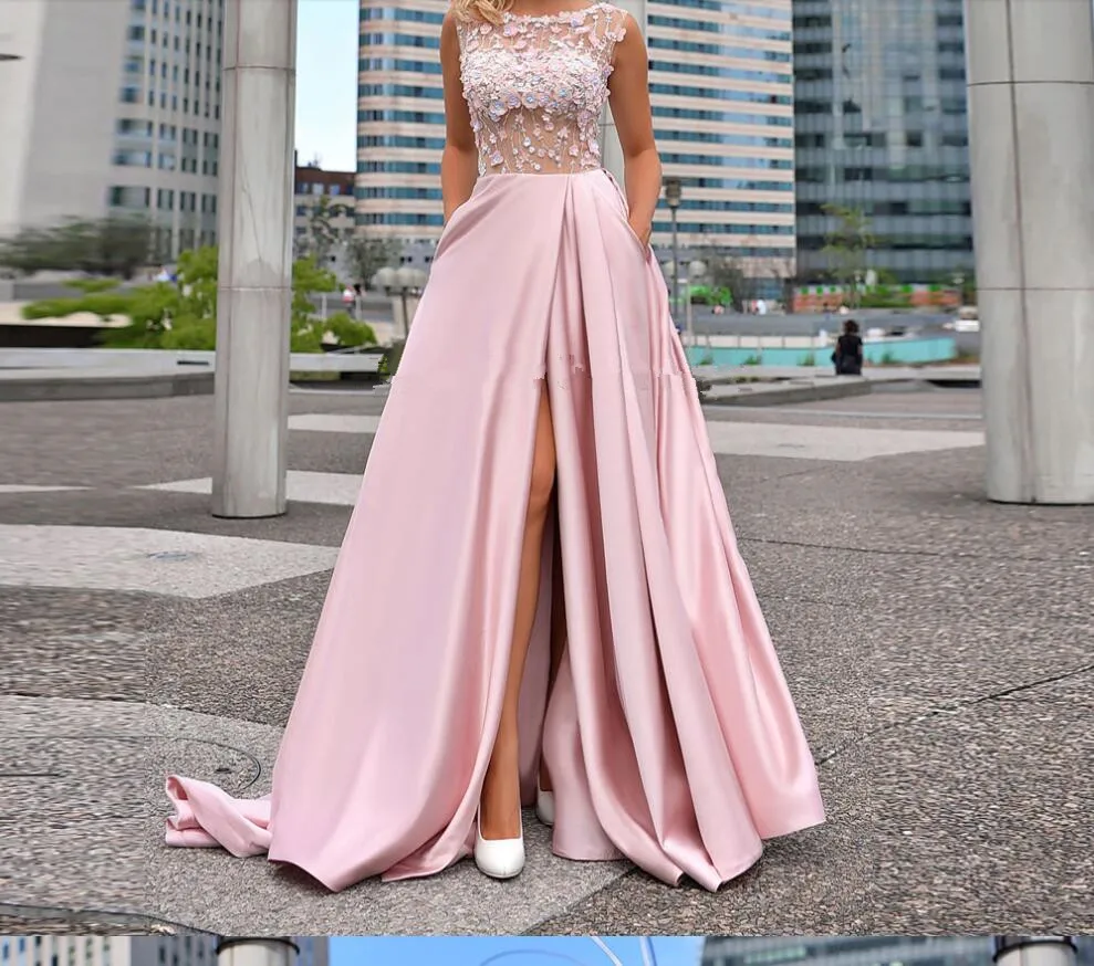 

Princess Long Split Side Evening Dresses For Dubai Arabic 2020 Robe De Soiree Beading Flower Prom Dress Satin Party Gown Kaftans