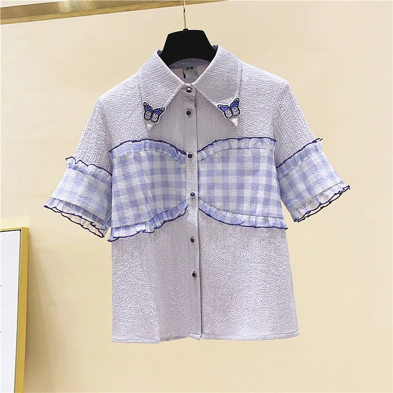 

ruffles patchwork women blouse short sleeve embroidery loose fashion shirt 2021