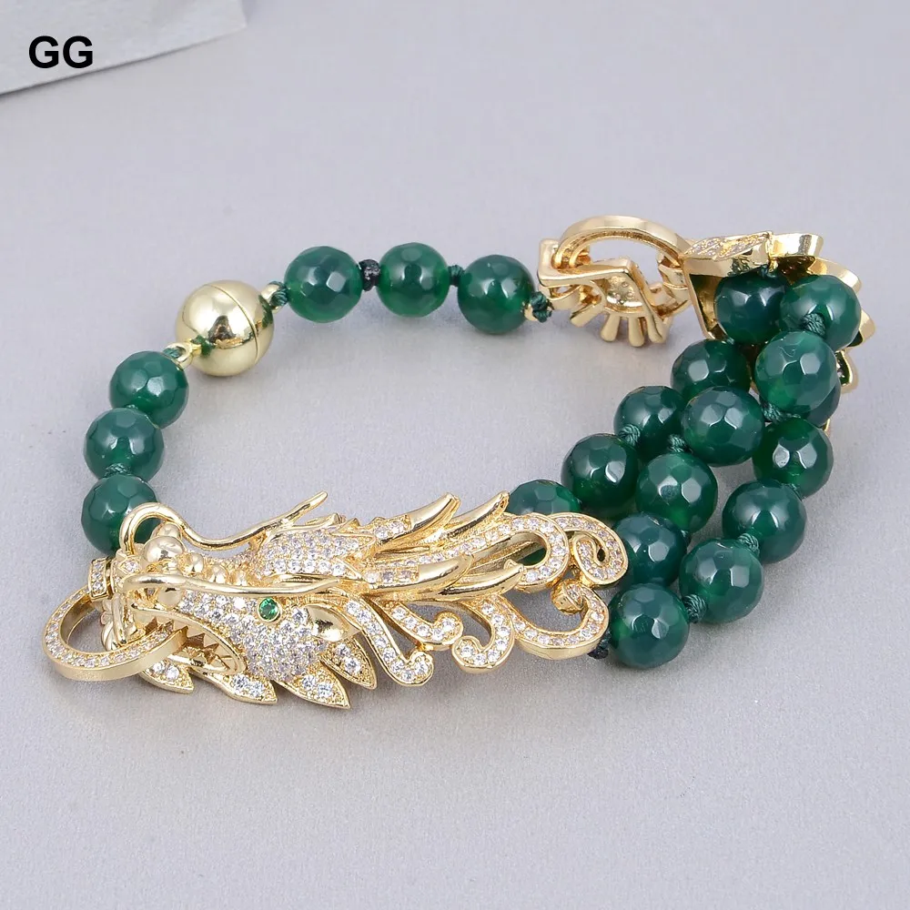 

GuaiGuai Jewelry Natural 8mm Round Faceted Green Agates Stone Cz Pave Dragon CZ Connector Bracelet