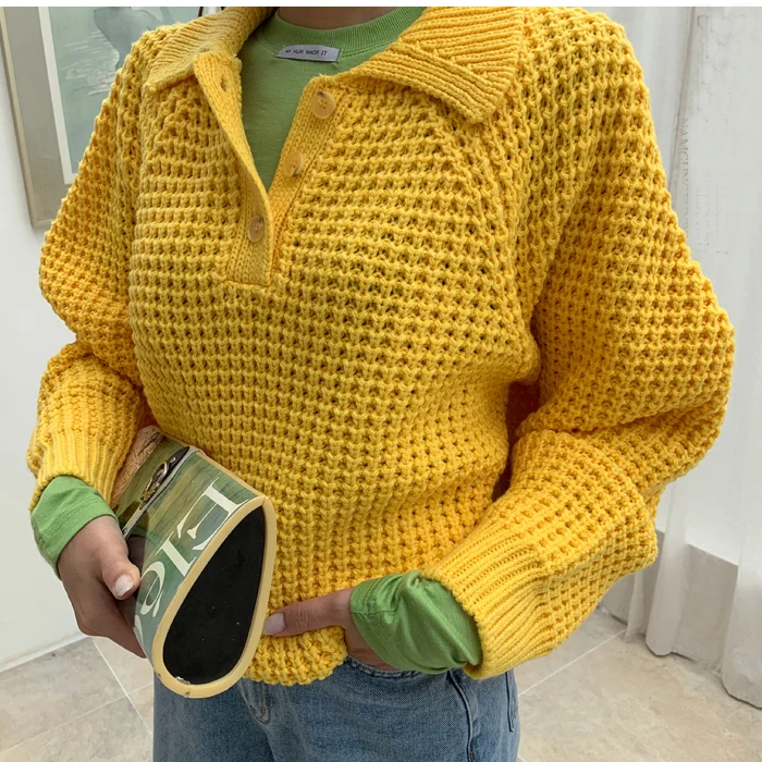 CHEERART пуловер свитер женский поло шеи джемпер свободный белый вафельный вязаный