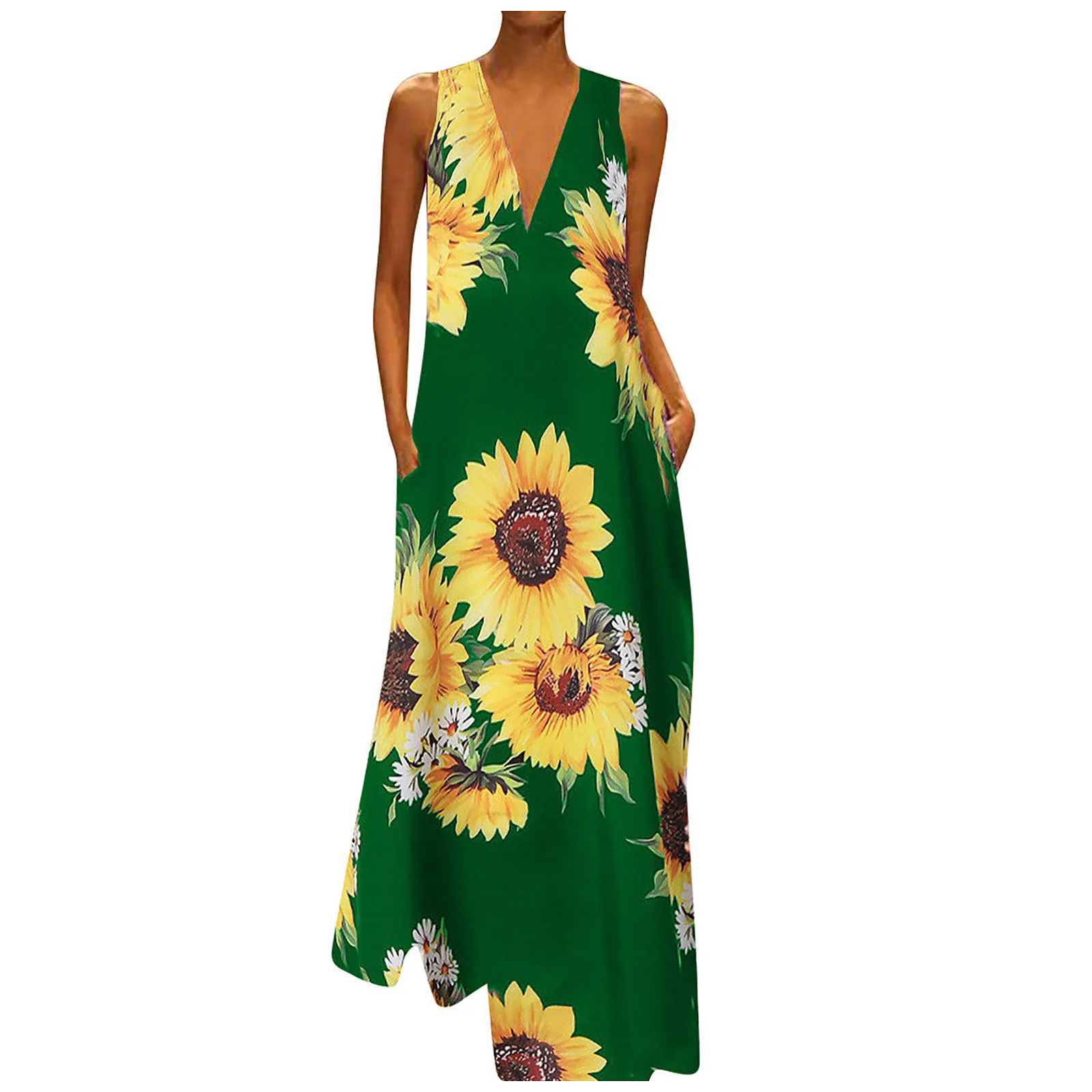 

2021 New Women's Long Dress Summer Casual Sunflower Print Sleeveless Boho Maxi Dress Women Plus Size Party Dress Dresses