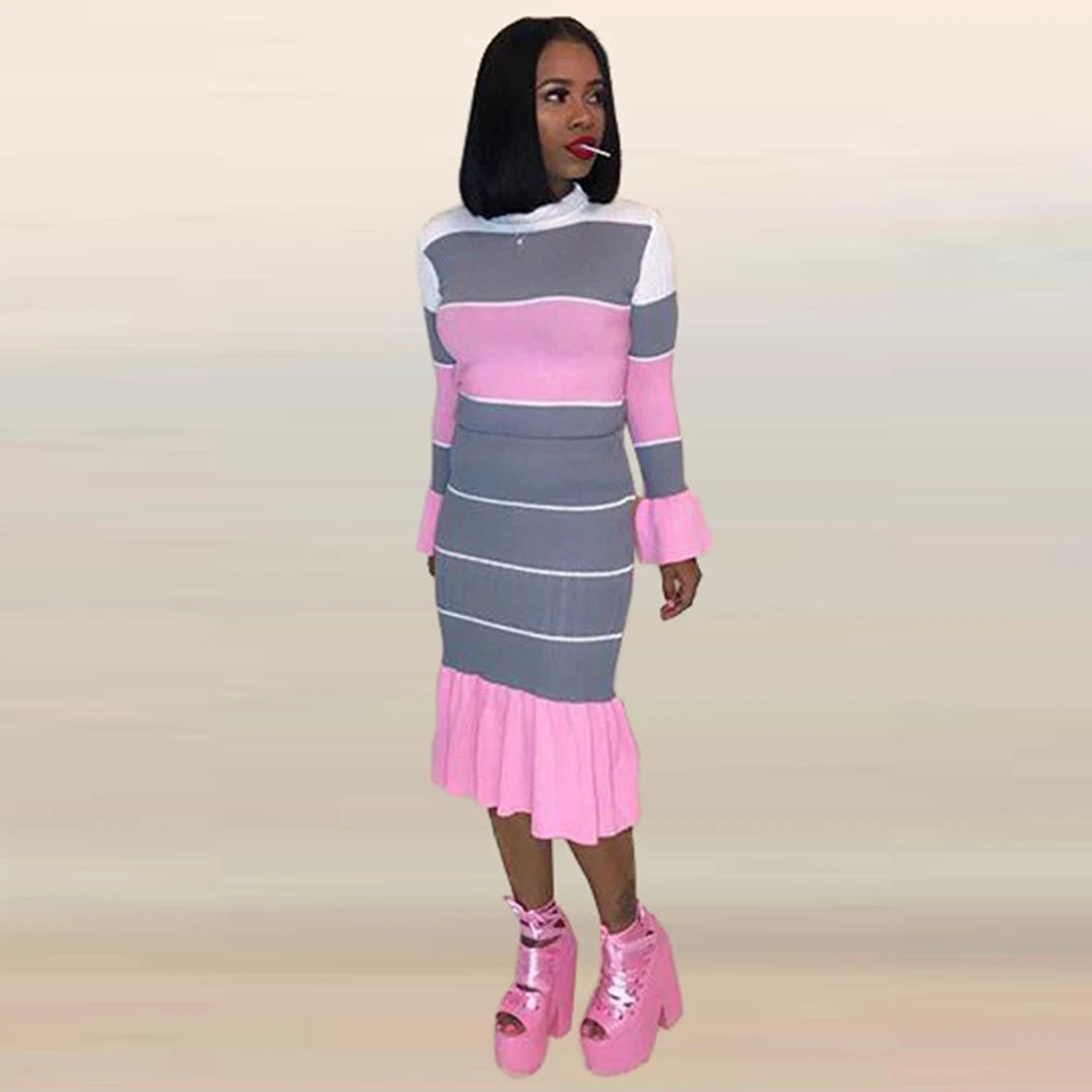 

contrast color patchwork two piece dress sets women vintage long sleeve striped tops and ruffles mermaid midi skirt club outfits