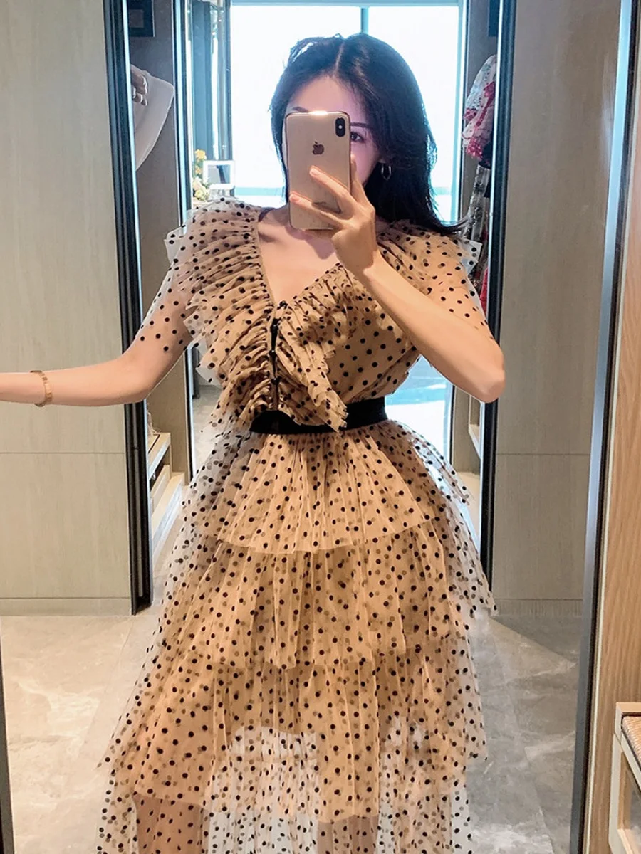 

French tight mesh 3D wave dot printing women's summer pleated dress 2020 women's summer dress women's Bing dress XL