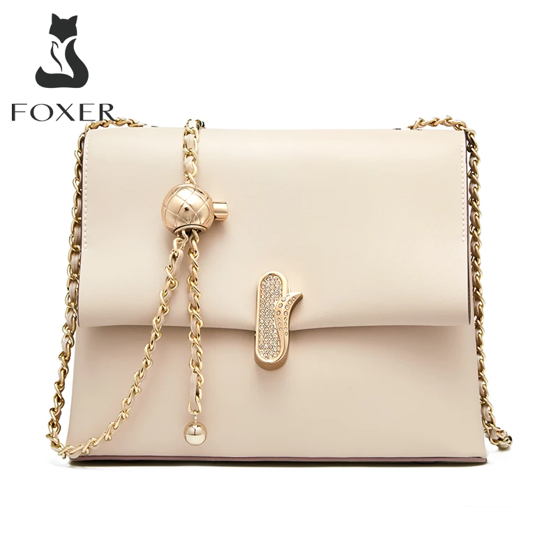 FOXER Split Leather Lady Golden Ball Adjustable Chain Shoulder Bag Simple Large Capacity For Women Square Crossbody Female Purse