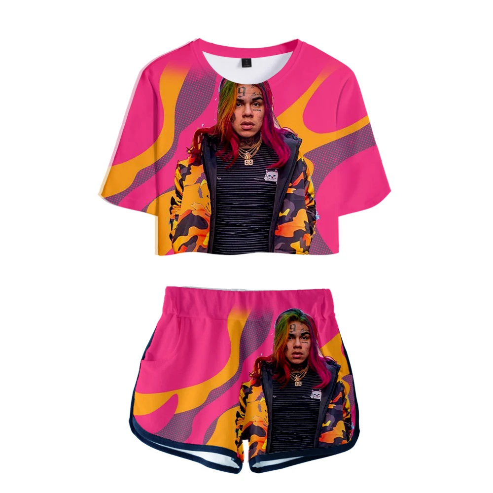 

2021 New 6IX9INE Two-piece Sets Women Sexy Summer Short Sleeve+pants Fashion Hip Pop 6IX9INE Women's Sets Suit