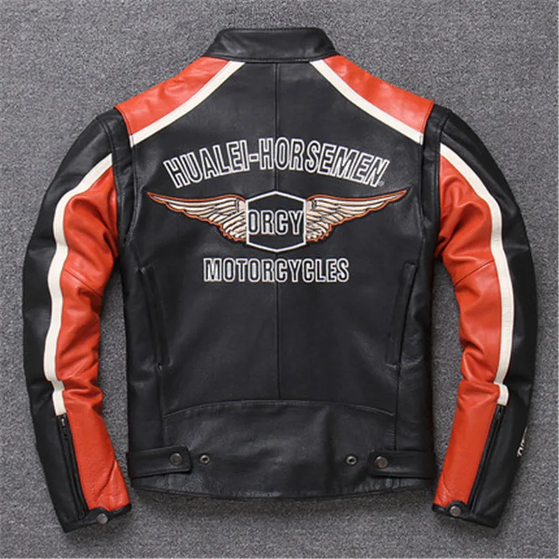 

2020 Punk Men's Genuine Leather Jacket Cowhide Jackets Black Patchwork Motorcycle Leather Coat 3XL