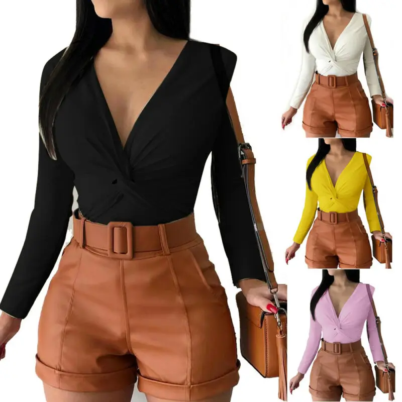 

Sexy Women Blouse V Neck Long Sleeve Twist Bownot Tee Ladies Casual Slim Tops Fashion