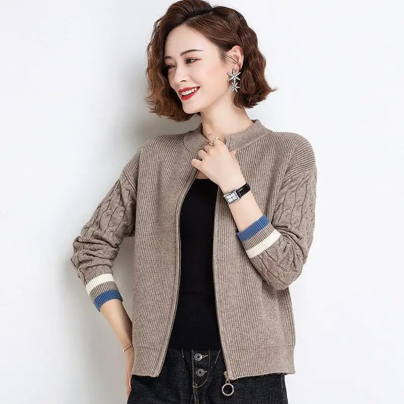 

Sweaters Women's Plus Size Knit 2021 Fashion Knitted Zipper Splicing Stand Collar Cardigan Jumper Jerseys Skinny Sweater Woman