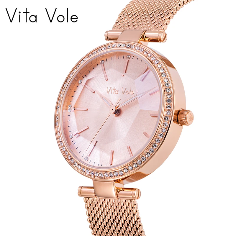 

Женские Романтические наручные часы Vita Fly с индексом алмазов, браслет из нержавеющей стали с сеткой из розового золота, женские часы, просто...