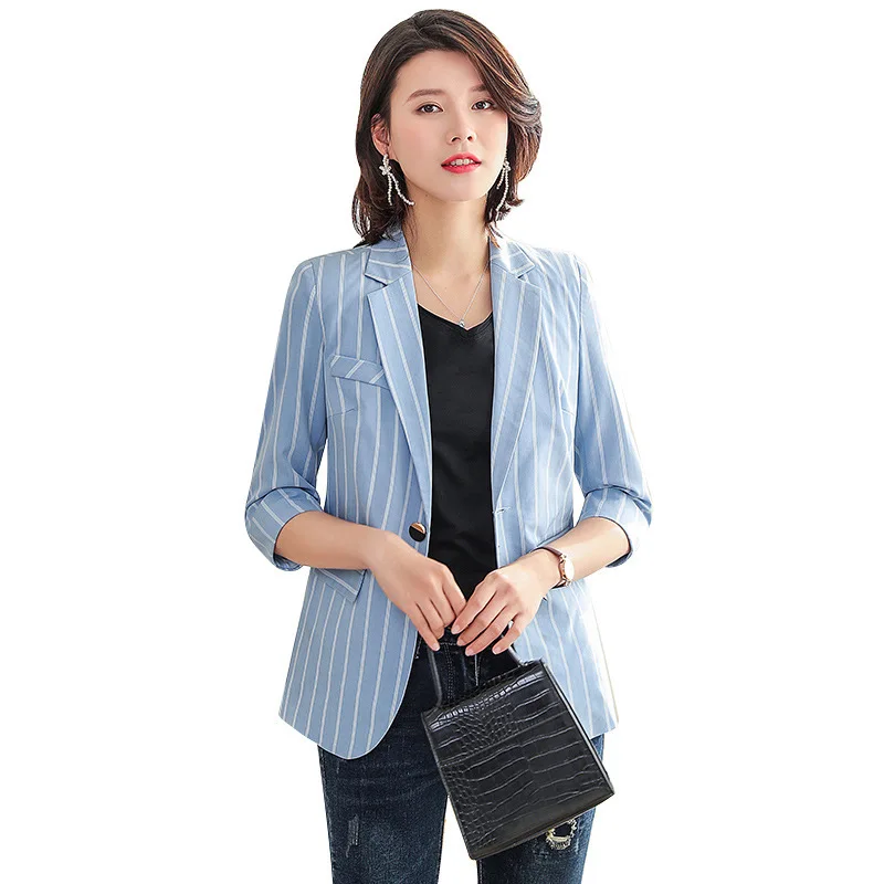 

YUSHU Fashion Single Button Striped Blazer Female Office Ladies Chic Slim Blazers Coat 2020 New Brand Suit Jacket Women