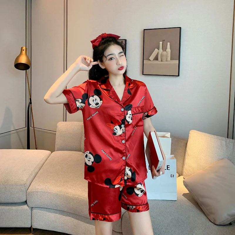 Disney Mickey Mouse Faux Silk Pajamas Set Women Summer Shirt and Shorts Satin Red Short Sleeve Casual Female Pijama Home Wear