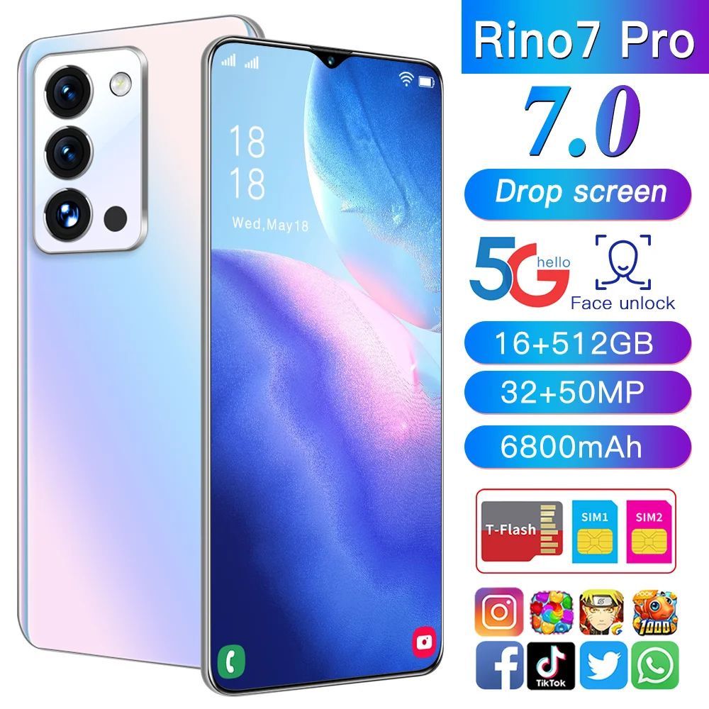 

Global Version Rino7pro Smartphone 7.0inch HD Face Unlock Qualcomm 888 Global Version 16GB +512GB Android11.0 5G Mobile Phone