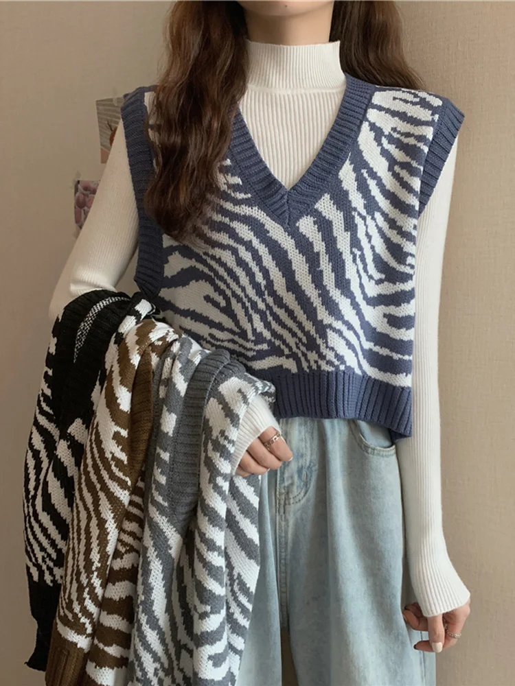 

Короткий жилет с V-образным вырезом и зеброй, свитер, новинка 2021, Женский утепленный Свободный пуловер, свитер