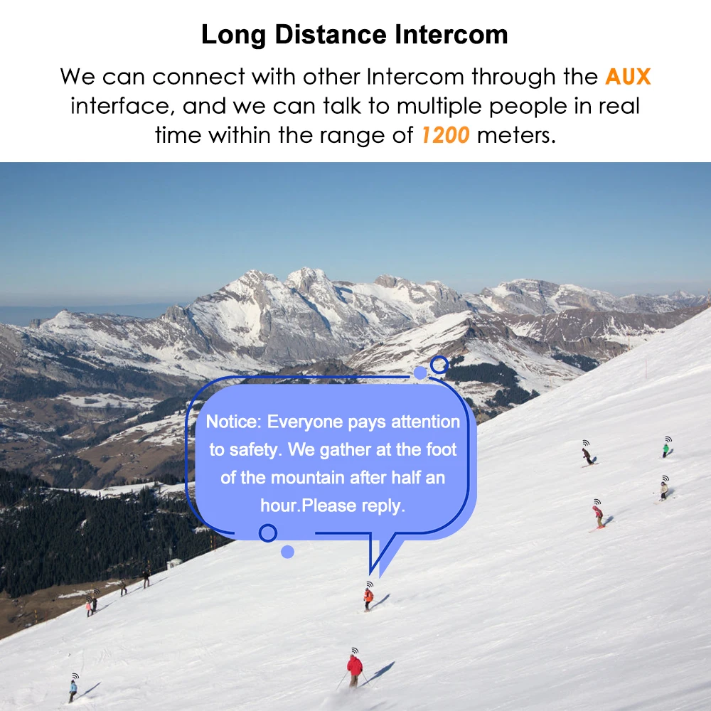 SKI intercom For 2 Skier 1200m Wireless Intercomunicador Moto Waterproof Realtime Talking BT Interphone 500mAh Audio Intercom